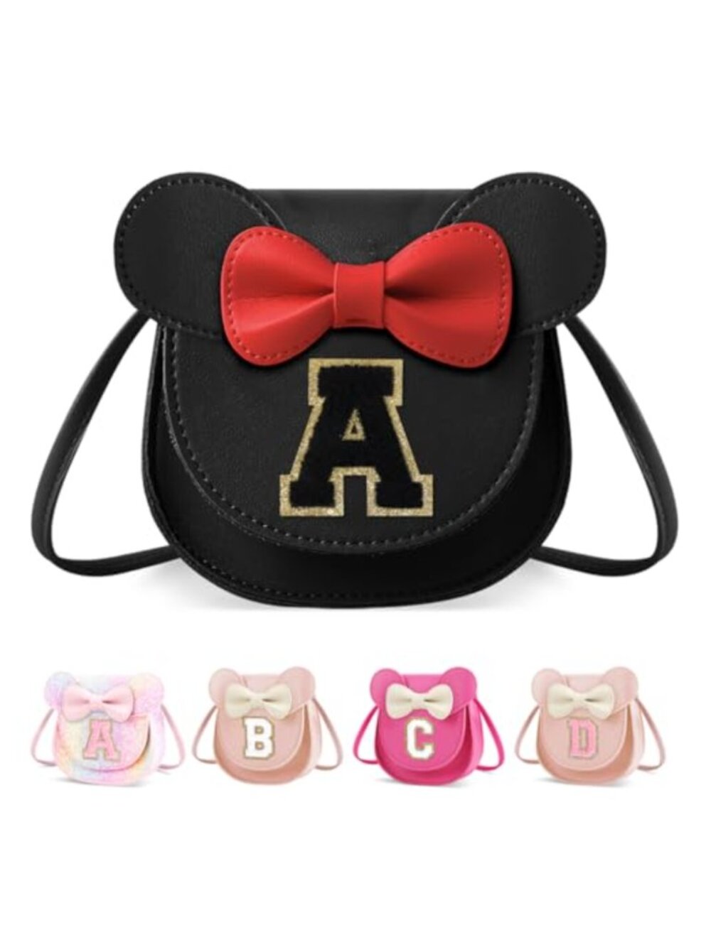 Girls Faux Leather Mouse Ear Crossbody Purse with Bow & Monogram